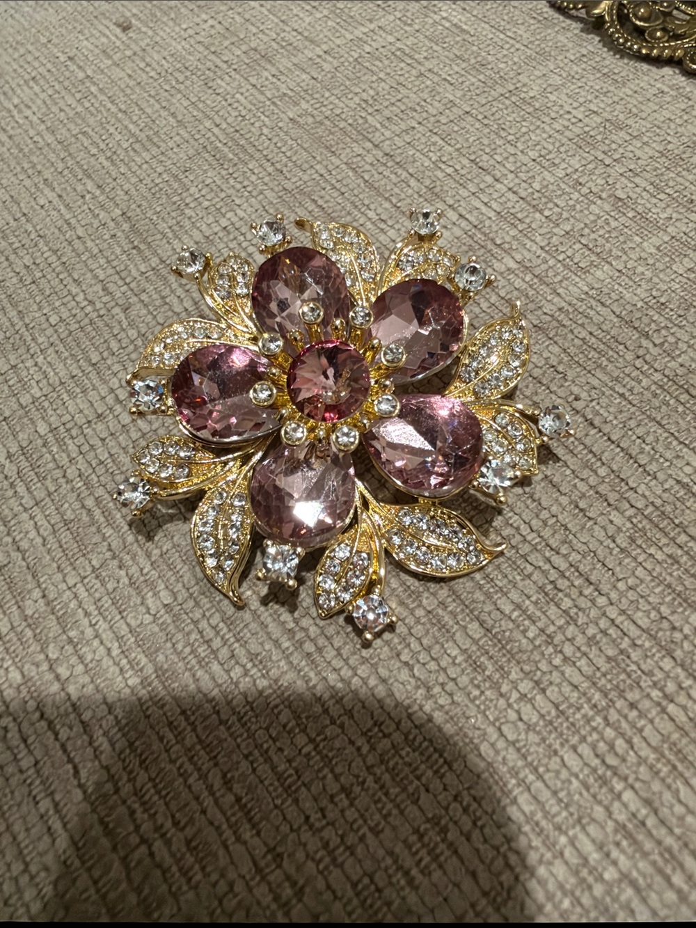 Gold-Tone Pink Crystal Floral Brooch - Women Jewelry